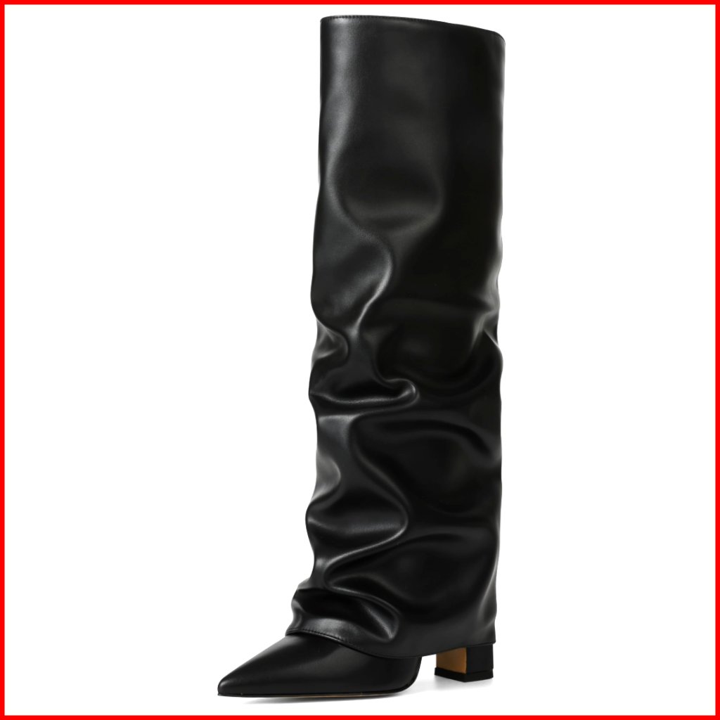 Women's Slouchy Knee High Boots Pointed Toe Chunky Heel Fold Over
